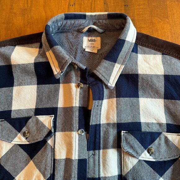 Vans Plaid Overshirt / Shirt Jacket -- Blue White Plaid w/ Brown Corduroy Mens L - Picture 2 of 3
